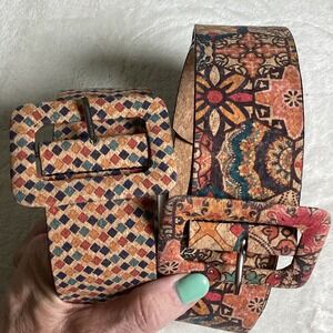 Set of 2 Cork Belts Bohemian Mandala & Geometric Diamond Print Wide Waist Belts